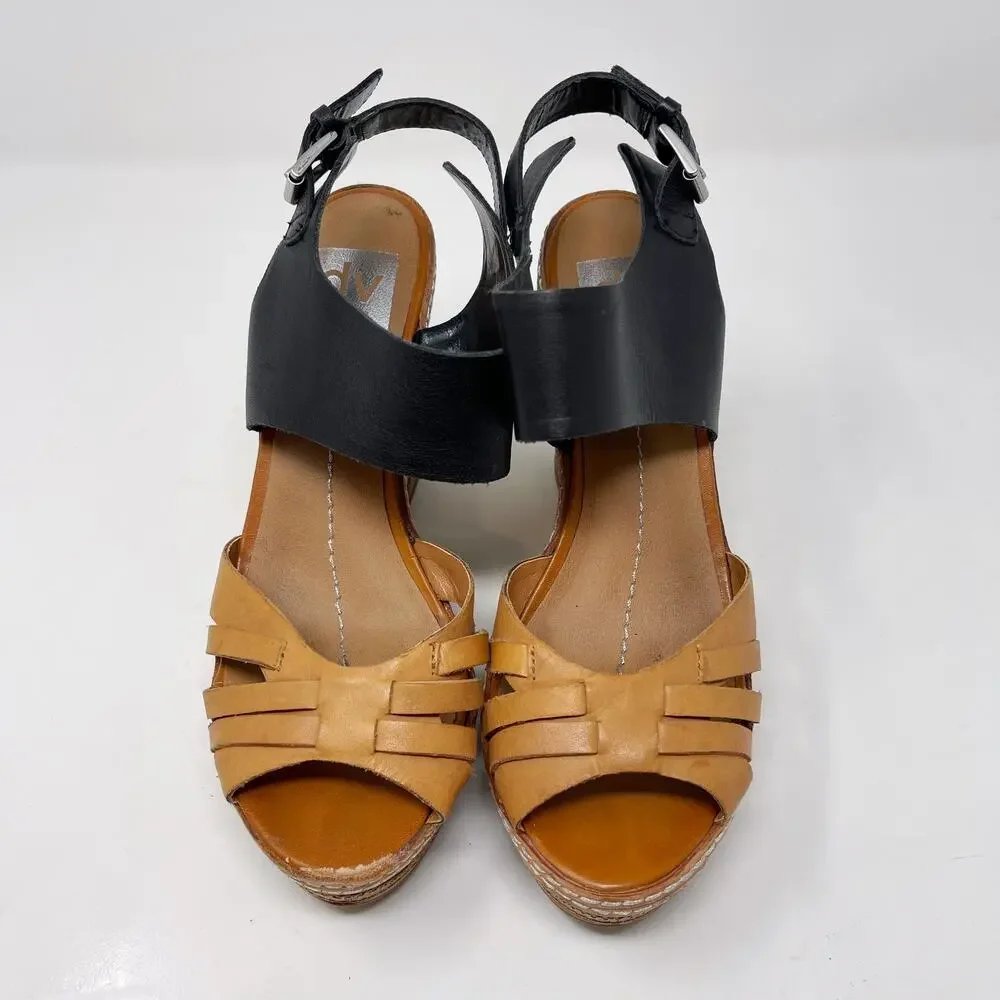DV by Dolce Vita Womens 7.5 Honey Tan Black Jaslyn Wedge Heel Sandal Cork Buckle